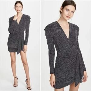Jonathan Simkhai Glitter Mesh Jersey Deep V Long Sleeve Mini Dress | 4 Gunmetal